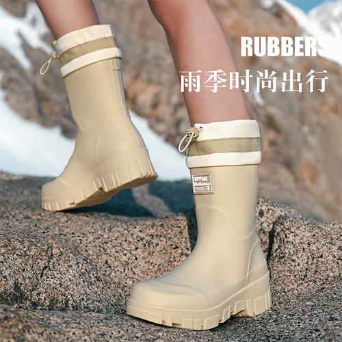 Cross-border high-top rain boots women's fashion rain boots outdoor mid-calf waterproof shoes fleece thickening warm rubber boots 