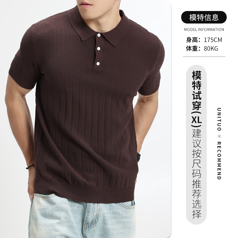 Hombre de verano de hielo de seda de punto polo camiseta de collar de manga corta europea y americana explosión de negocios casual alta sensación superior