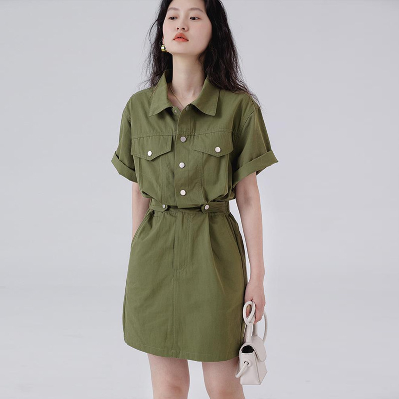 Tooling Style Polo Shirt dress Women's Summer New Design Sense Niche A- shaped Waisted khaki Short Skirt
