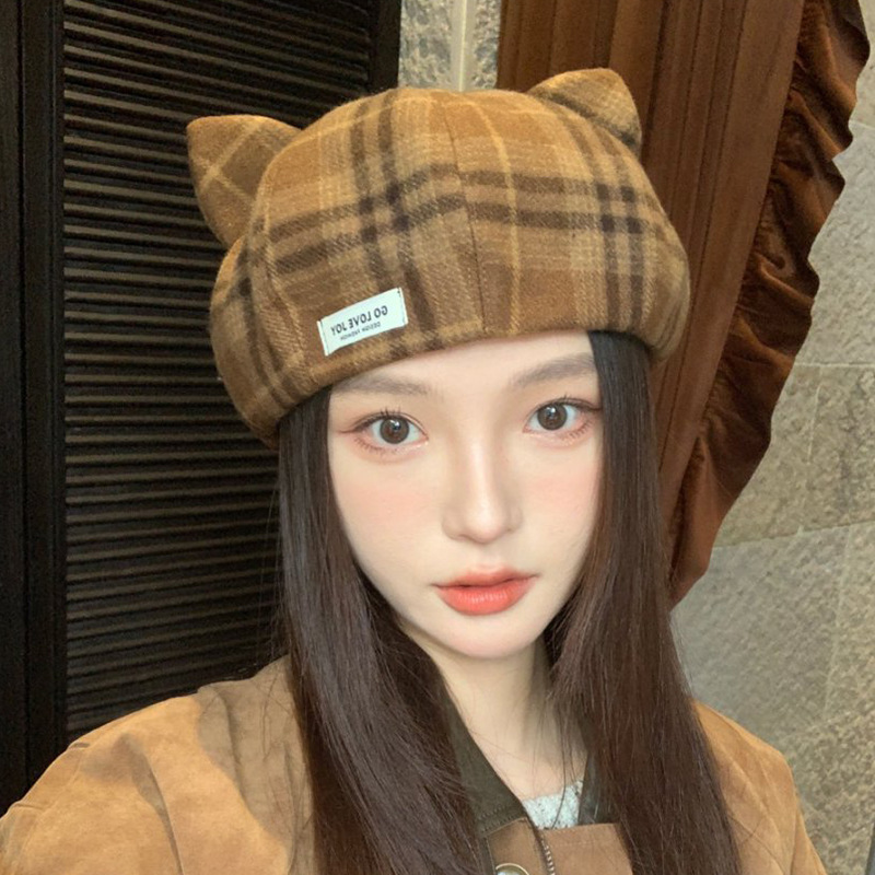 复古格纹猫耳朵贝雷帽子女春秋显脸小百搭毛呢画家帽保暖南瓜帽|undefined