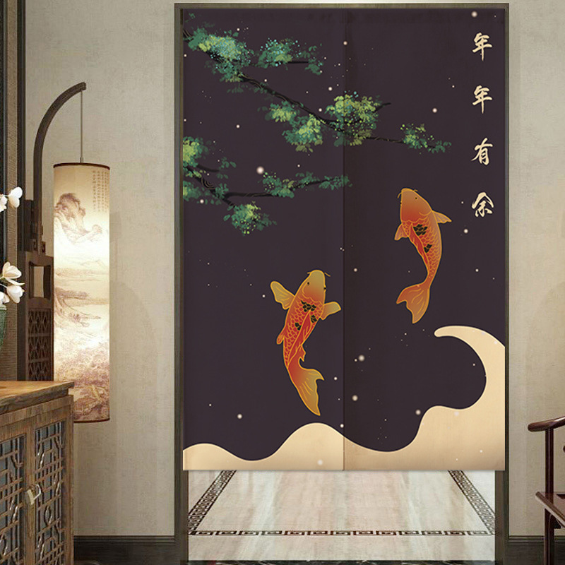 Chinese Style Fabric Door Curtain Warm Windproof Partition Curtain Kitchen Cabinet Household Shelter Half Curtain Cloth Curtain Punch-free