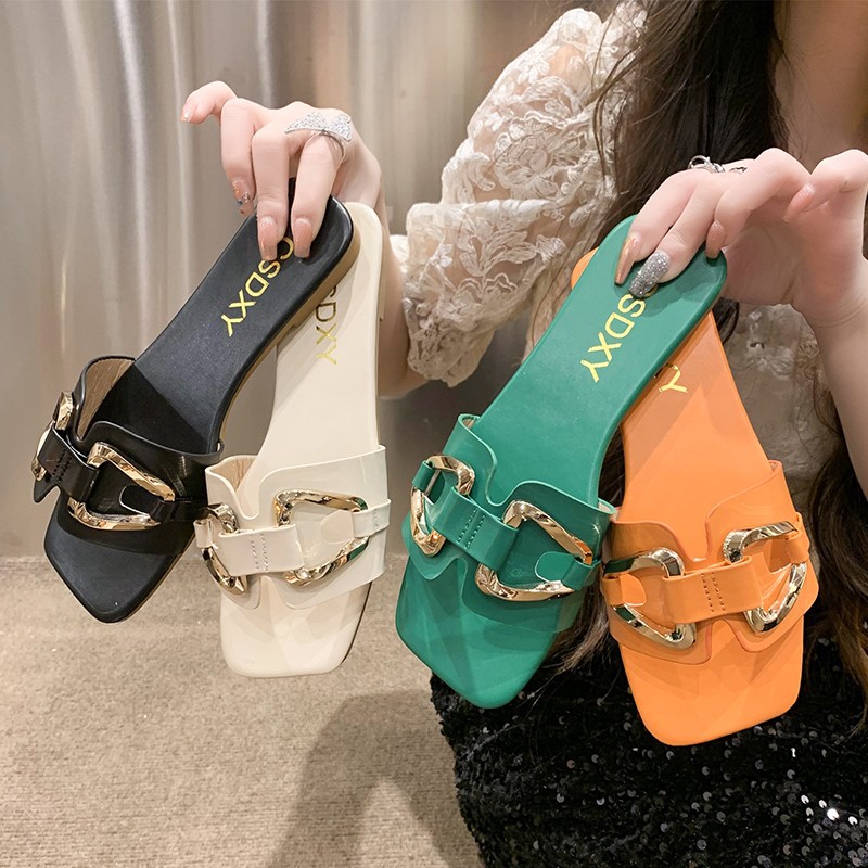 Summer home ins fashion temperament Korean version of flip flops wear square head flat bottom sandals and slippers 42_voghion.com