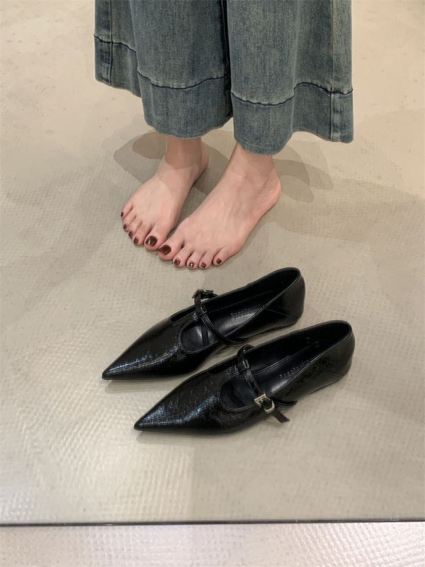 法式玛丽珍鞋2025年新款尖头t字扣带浅口黑色百搭平底单鞋女鞋子|undefined