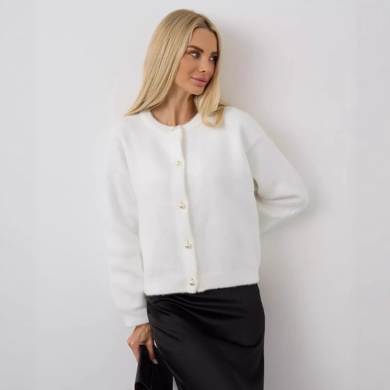 俄罗斯跨境欧美风白色毛衣外套女秋冬高级感宽松仿水貂绒针织开衫