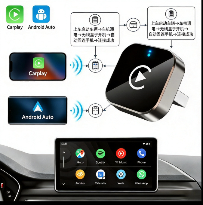 Universal Wireless Carplay Adapter for Cars, 2-in-1 Android Auto Screen Mirroring Plug-In Converter Box