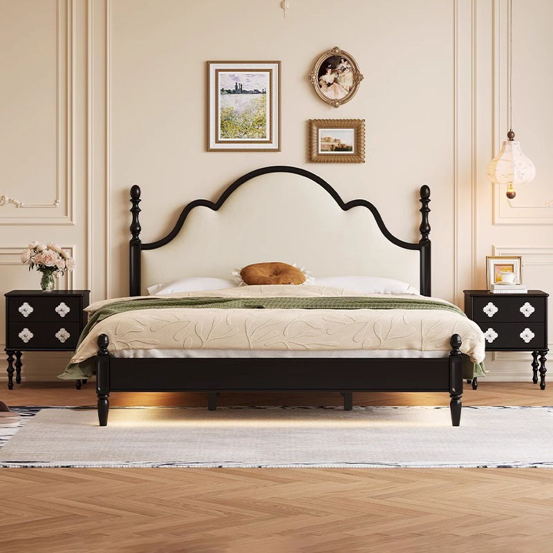 Cama de cuero retro francés, dormitorio principal, cama doble de madera maciza moderna simple y antigua, cama doble de 1,8 m 2025 nueva cama