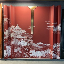 新中式装修弧形硬包背景墙刺绣壁布护墙板刺绣设计挂画复古风墙布