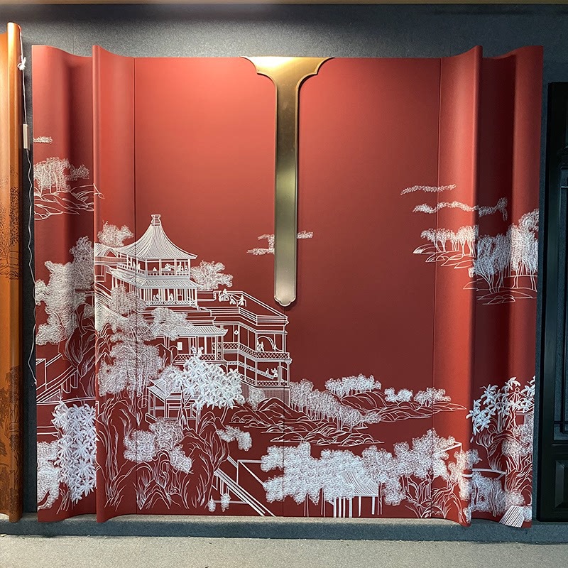 新中式装修弧形硬包背景墙刺绣壁布护墙板刺绣设计挂画复古风墙布