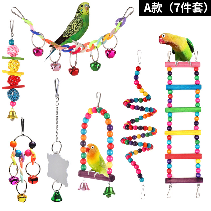Parrot Toy7-piece Set Hanging Cage Bird Ladder Stand Rattan Ball Bell Mirror Bird Toy Set