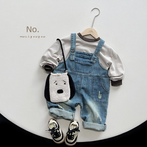 Chic and Cute Outfit~ Boys' Denim Overalls 2024 Spring Collection New Style Overalls for Middle and Small Children, Girls' Baby Korean Style Onesies Batch