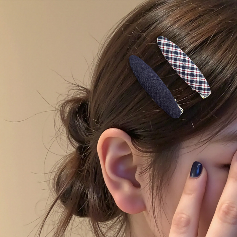 Korean Style New Retro Navy Blue Plaid Geometric Hairpin Mori Style College Style Bangs Bb Clip Side Clip Hairpin
