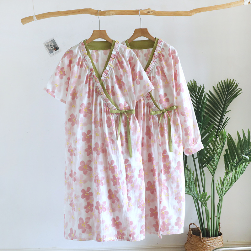 Short-Sleeved and Long-Sleeved Bathrobe, Pure Cotton Gauze, Thin French-Style Nightgown for Women, Summer Beautiful Garden-Style Diagonal-Collar Hanfu