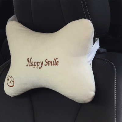 and Lumbar Support Set for Car: Headrest - beige-crystal-velvet-headrest-letter-bear-head