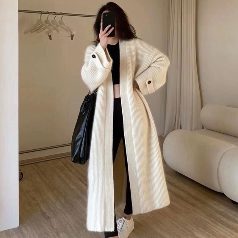 Designed V Neck Soft and Waxy Skin-Friendly Knitted Cardigan 2025 Autumn Lazy Style Loose Knee-Length Long Sweater Jacket for Women
