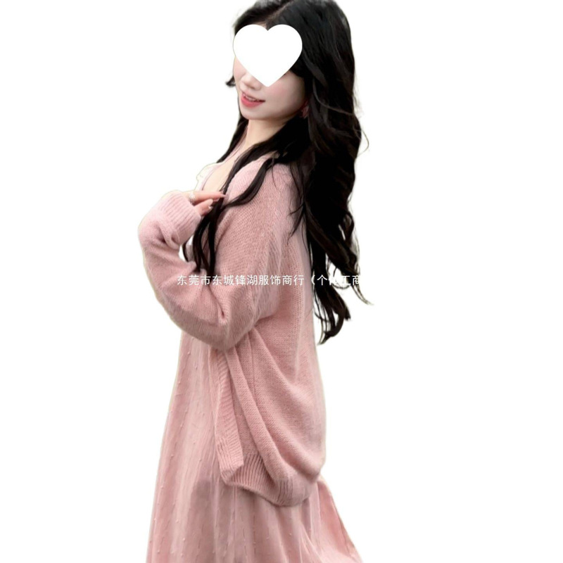 法式甜美修身显瘦毛衣+温柔风超仙蕾丝吊带连衣裙两件套串珠印染|undefined