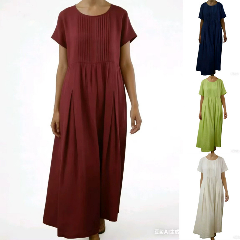 Large Quantities in Stock, Cross-Border Foreign Trade Women's Clothing Independent Site, Amazon-Style Pleated Solid Color Mid-Length Cotton and Linen Dress