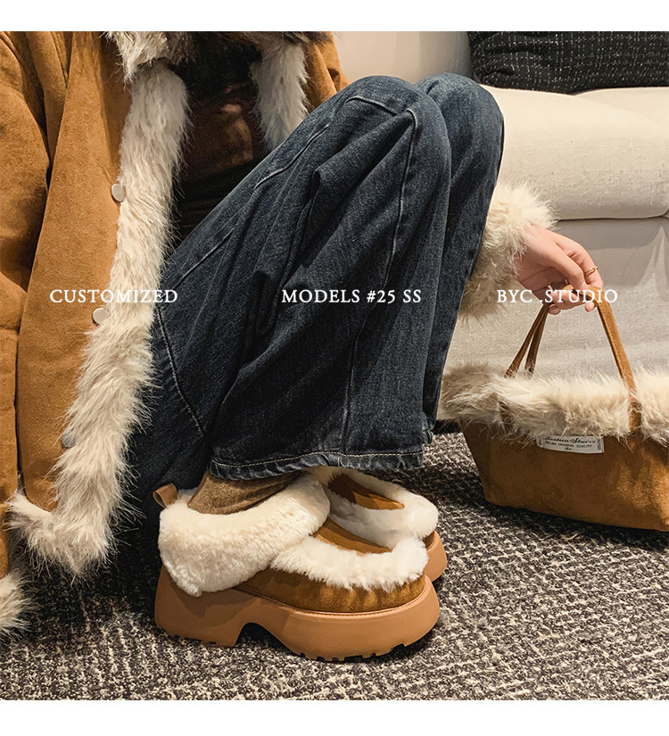 Boot tuyết nữ da cừu một mảnh gót cao lót lông dày giữ ấm — màu nâu chi tiết 13
