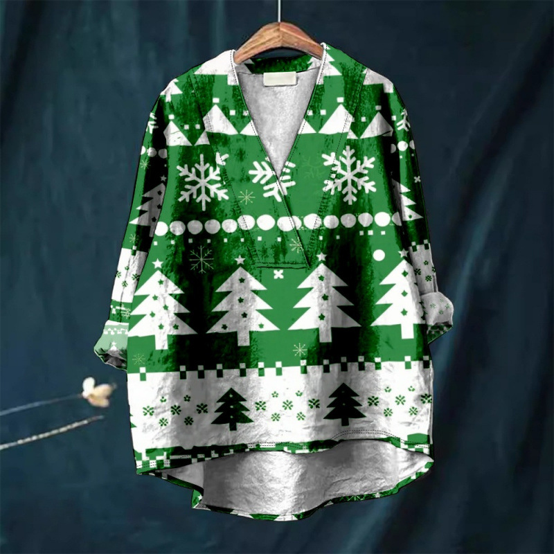 Christmas Print Loose Casual Collar Plus Size Women's Shirt
