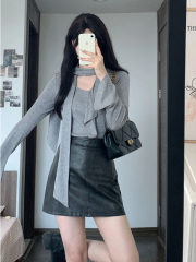韩版时尚长袖t恤女2025秋新款打底衫灰色感巨好看设计高级感上衣