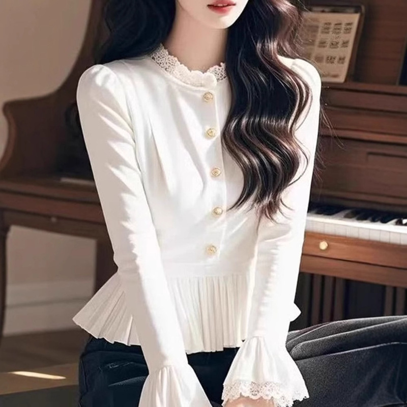 Lace Stitching French Top Light Luxury Design Sense Long Sleeve Waist Shirt Fashionable 2025 Spring Western Style Small Shirt for Women