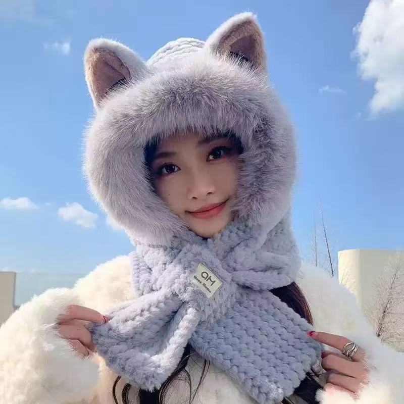毛绒帽子围巾一体女冬围脖小熊可爱秋冬季洋气百搭时尚保暖护耳帽|undefined