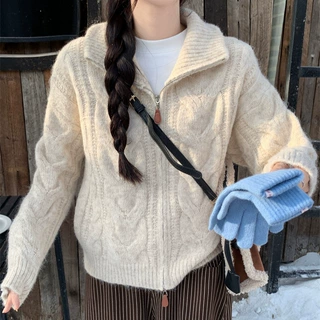 韩版双拉链麻花纹毛衣外套女2026冬季设计感翻领加厚长袖针织开衫