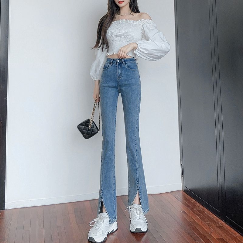 High-Waisted Slit Jeans for Women 2025 Korean Version New Elastic Slim Straight Wide-Leg Flared Long Pants High-Waisted Slit Jeans for Women 2025 Korean Version New Elastic Slim Straight Wide-Leg Flared Long Pants