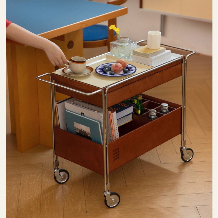 Cochecito de estilo medio, mesa lateral de sofá, retro nórdico, vintage, color de madera de cerezo, comedor, estante para sala de estar, mesa de centro móvil