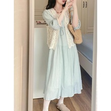 大码女装夏季套装2023新款韩系高级感镂空开衫蓝色连衣裙两件套