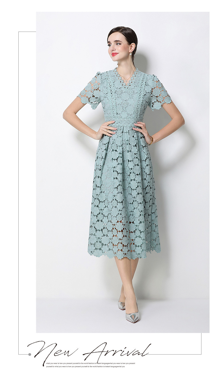 Đầm maxi nữ cổ V ren thắt eo tay ngắn họa tiết rỗng — màu đen, Rượu vang đỏ, màu hồng đậm, màu trắng chi tiết 65