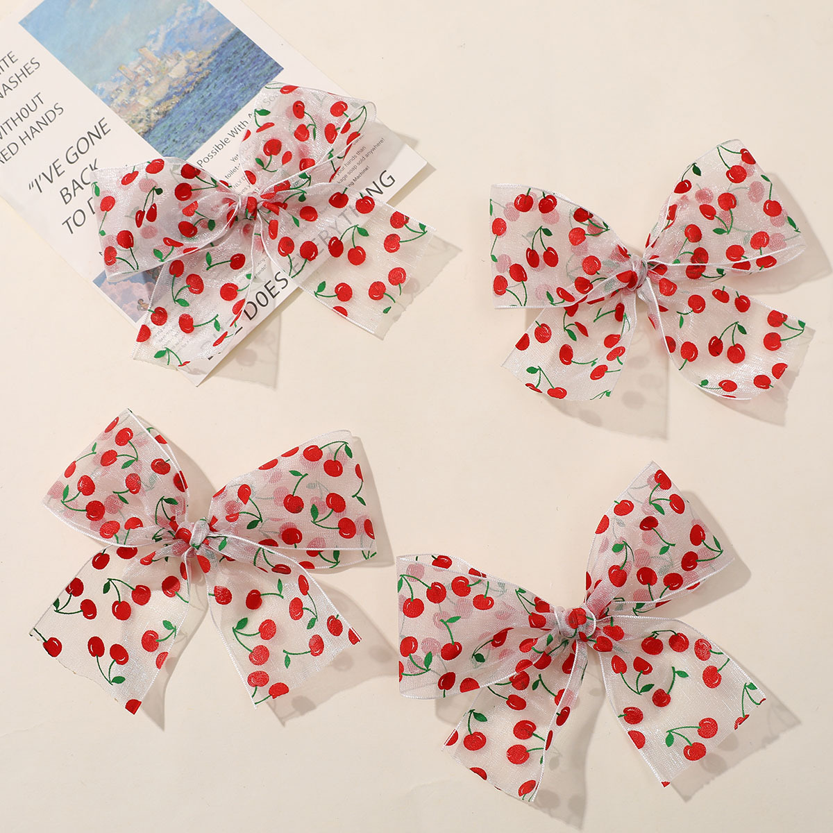 兒童可愛甜美純手工印花櫻桃網紗亮絲蝴蝶結髮袷衣服配件飾品批發