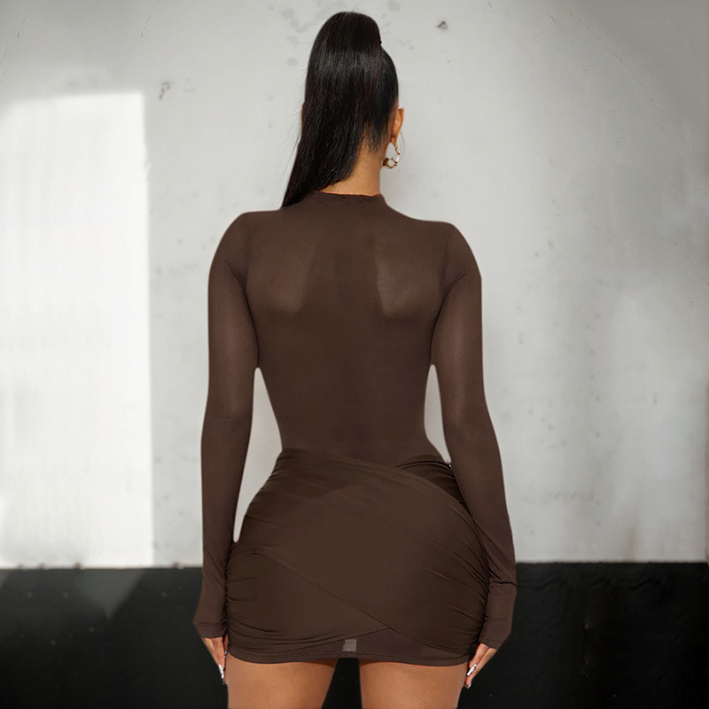 Comercio exterior Europa y Estados Unidos ropa de mujer otoño y invierno nuevo color sólido sexy cuello redondo de manga larga malla empalme perspectiva vestido corto image 2