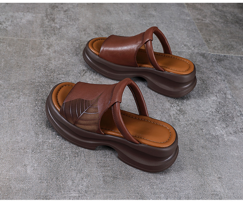 Dép sandal nữ quai chữ V đế dày da bò thật — Màu trắng be chi tiết 14
