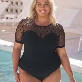 跨境新款欧美女士连体泳衣 纯色网纱拼接加肥大码半袖泳装比基尼