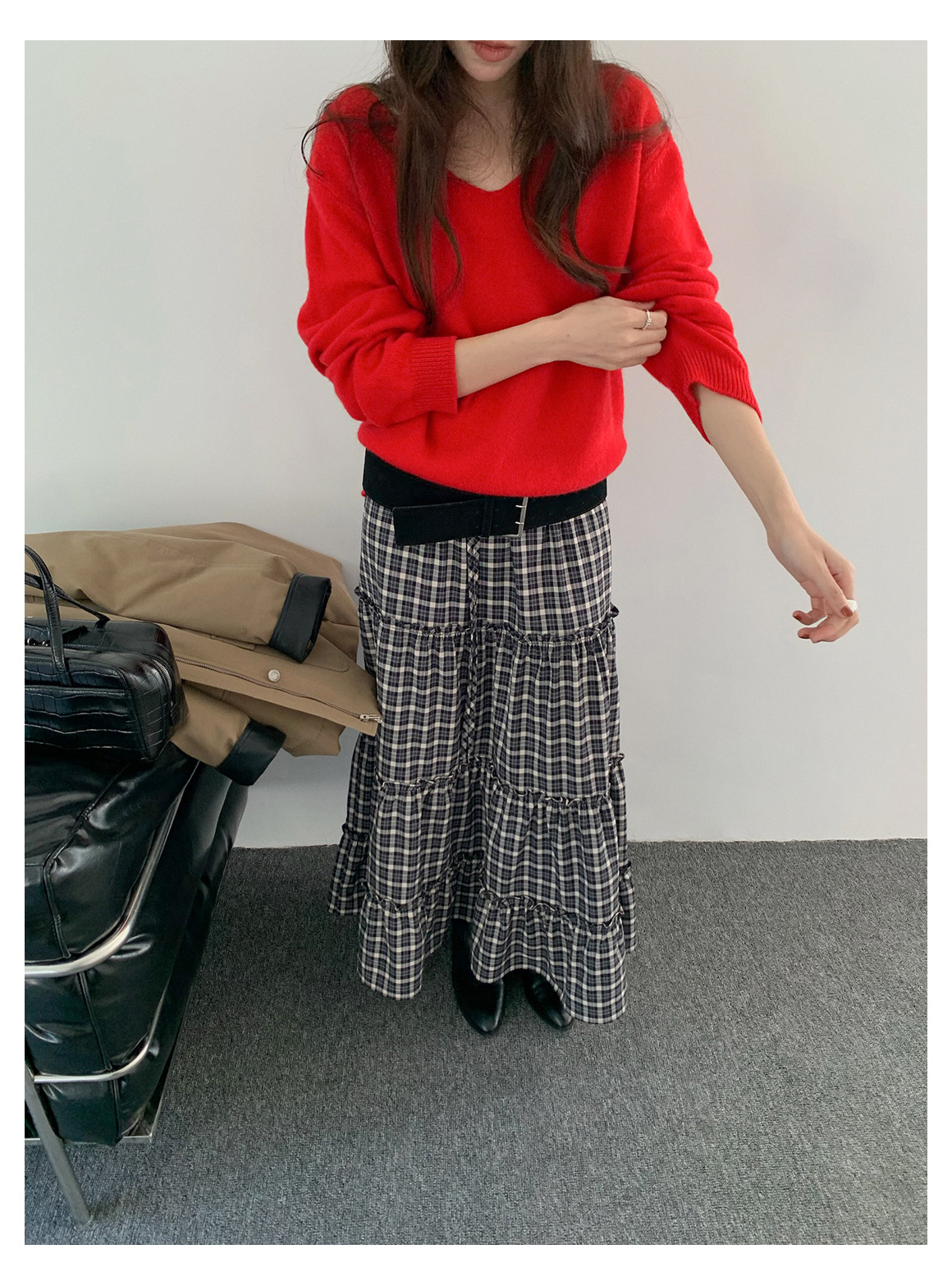 GraceChic GraceChic GraceChic Inbyin Gonna midi a quadri arricciati in stile coreano per donna, lunga vita elastica, che copre i fianchi, snellente_voghion.com