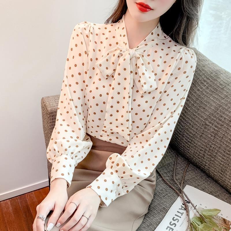 달콤한 보우 셔츠 여성 디자인 틈새 가을 의류 2025 새로운 폴카 도트 쉬폰 탑 기질 셔츠
