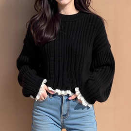 欧货重工黑色花边袖粗线毛衣女2025新款慵懒高级感小个子针织上衣