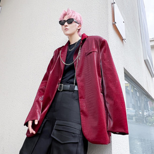 2023 Autumn Foreign Trade New Arrival Bright Face Crocodile Pattern Jacket Men's Loose Trendy Stylist Single-breasted Casual Suit