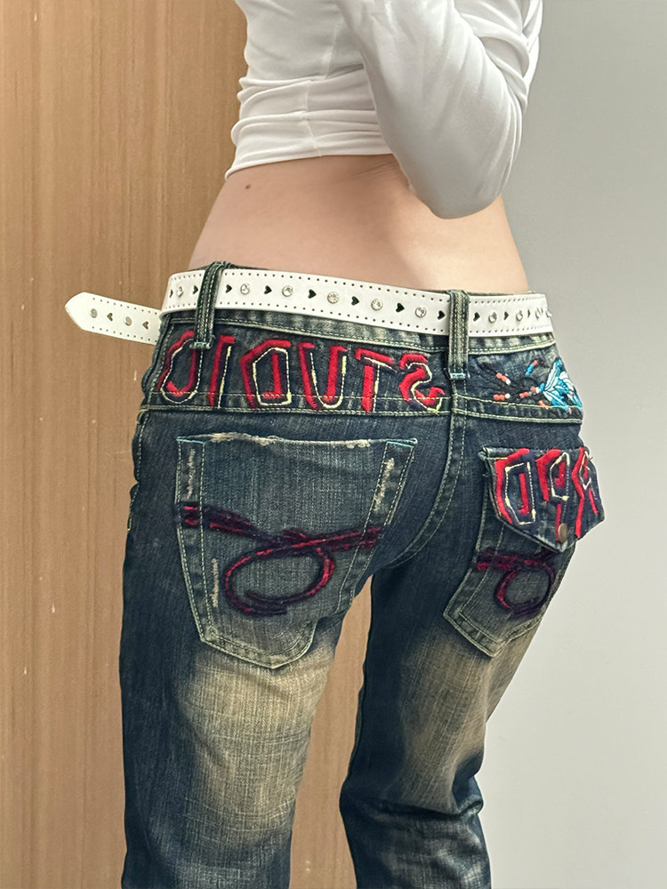 Y2k Vintage Low-Rise Distressed Jeans For Women - Baggy Straight Leg Denim Pants With Heavy Embroidery, Grunge Aesthetic_ecoleips.com