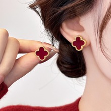 红色金边花朵耳钉女 轻奢简约小众高级感耳环 2025年新款爆款耳饰