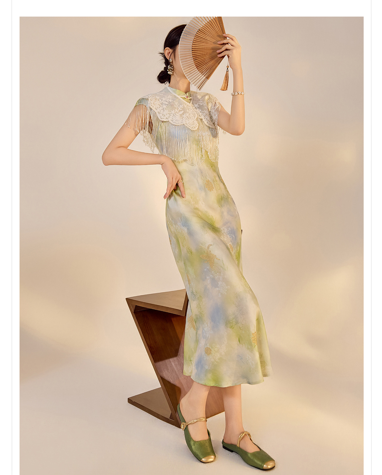 Váy Qipao cải tiến cao cấp phong cách Trung Quốc mới, in họa tiết tinh tế, cổ đứng ôm sát N5008 — Hiển thị màu xanh chi tiết 14