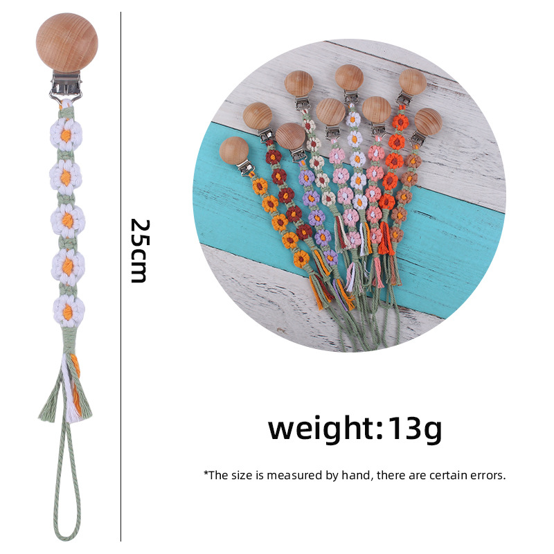 Suministros para bebés clip de chupete de haya creativo DIY hecho a mano cinco flores cuerda de algodón fino tejido pezón cadena anti-caída