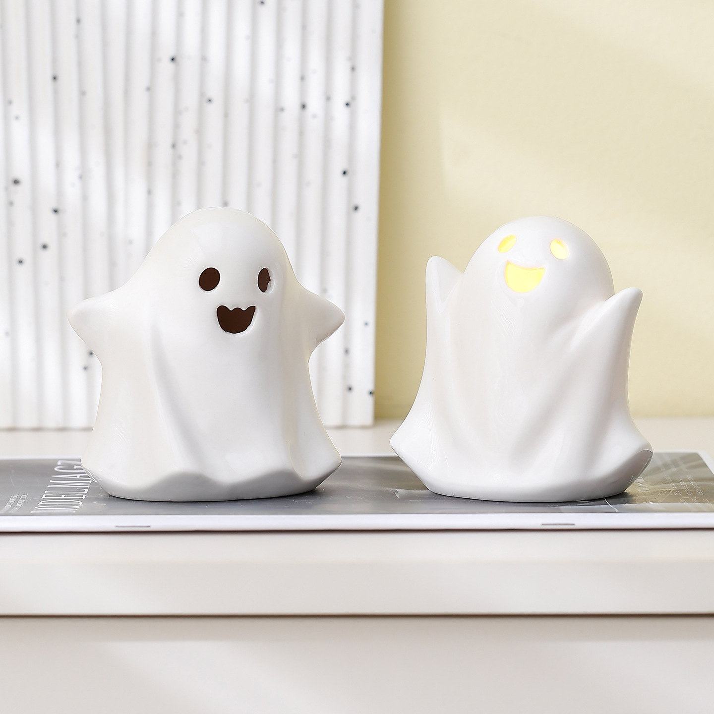 外贸陶瓷幽灵小夜灯LED灯迷你幽灵陶瓷摆件万圣场景节装饰工艺品