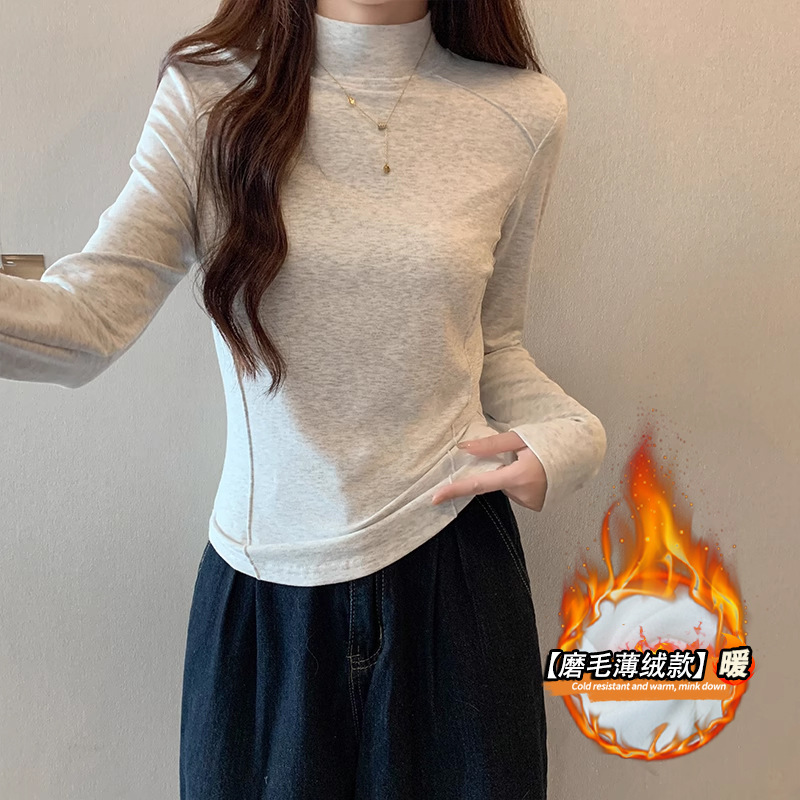奶白灰弧形下摆早秋长袖不规则外穿打底衫t恤女纯欲修身圆领内搭|undefined