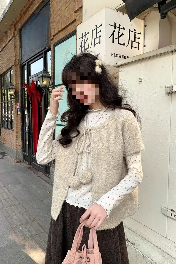 日系美衣2026韩系甜美风毛球系带开衫毛衣女春宽松短款披肩上衣潮