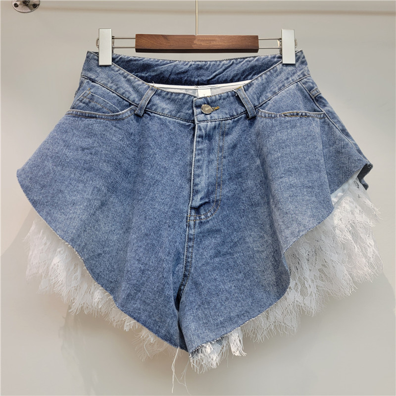 Pantalones Cortos de Mezclilla con Encaje de Denim y Poliéster de Cintura Baja
