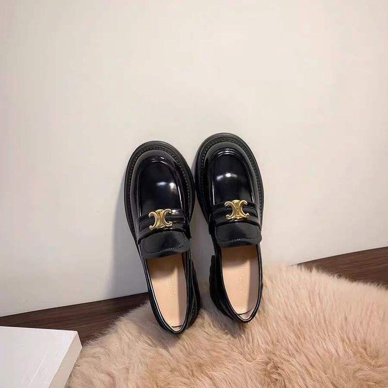 厚底乐福鞋女英伦风凯旋门小皮鞋女粗跟增高鞋黑色一脚蹬单鞋子女|undefined