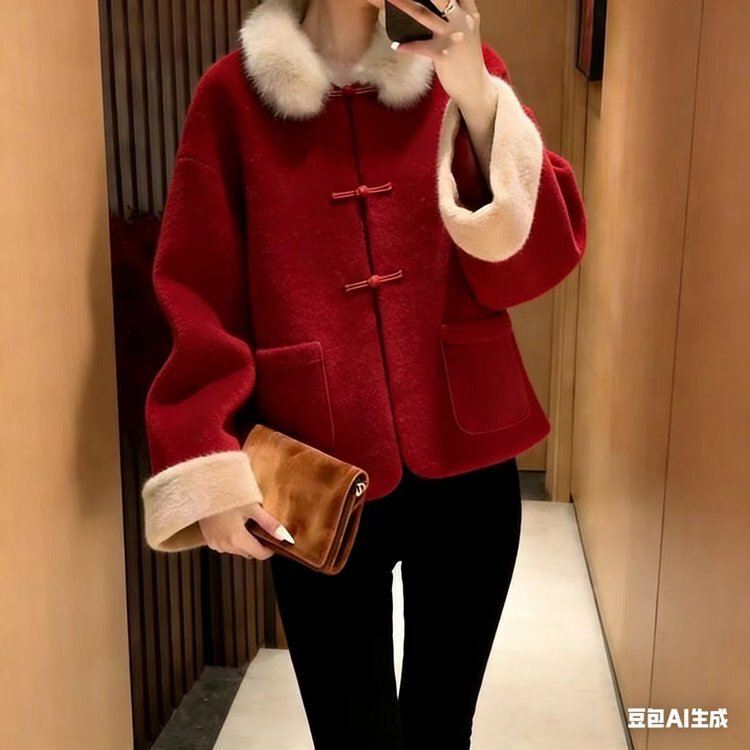 Spring New Style Chinese-Style Versatile Slimming and Age-Reducing Elegant Buttoned Jacket Women's Chinese-Style Fur Collar Fashionable Short Top