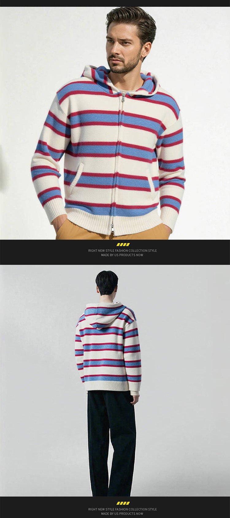 Men's Striped Hooded Sweater – Oversized Knit Pullover (Thickened Fleece Lining, Drop Shoulder, Ribbed Hem, Machine Washable, Streetwear Essential)​_voghion.com