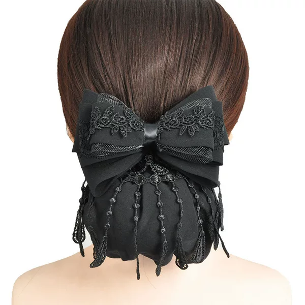 Cross-border black professional updo bow mesh pocket lace fabric back head clip non-leaking hair cloth pocket headdress flower